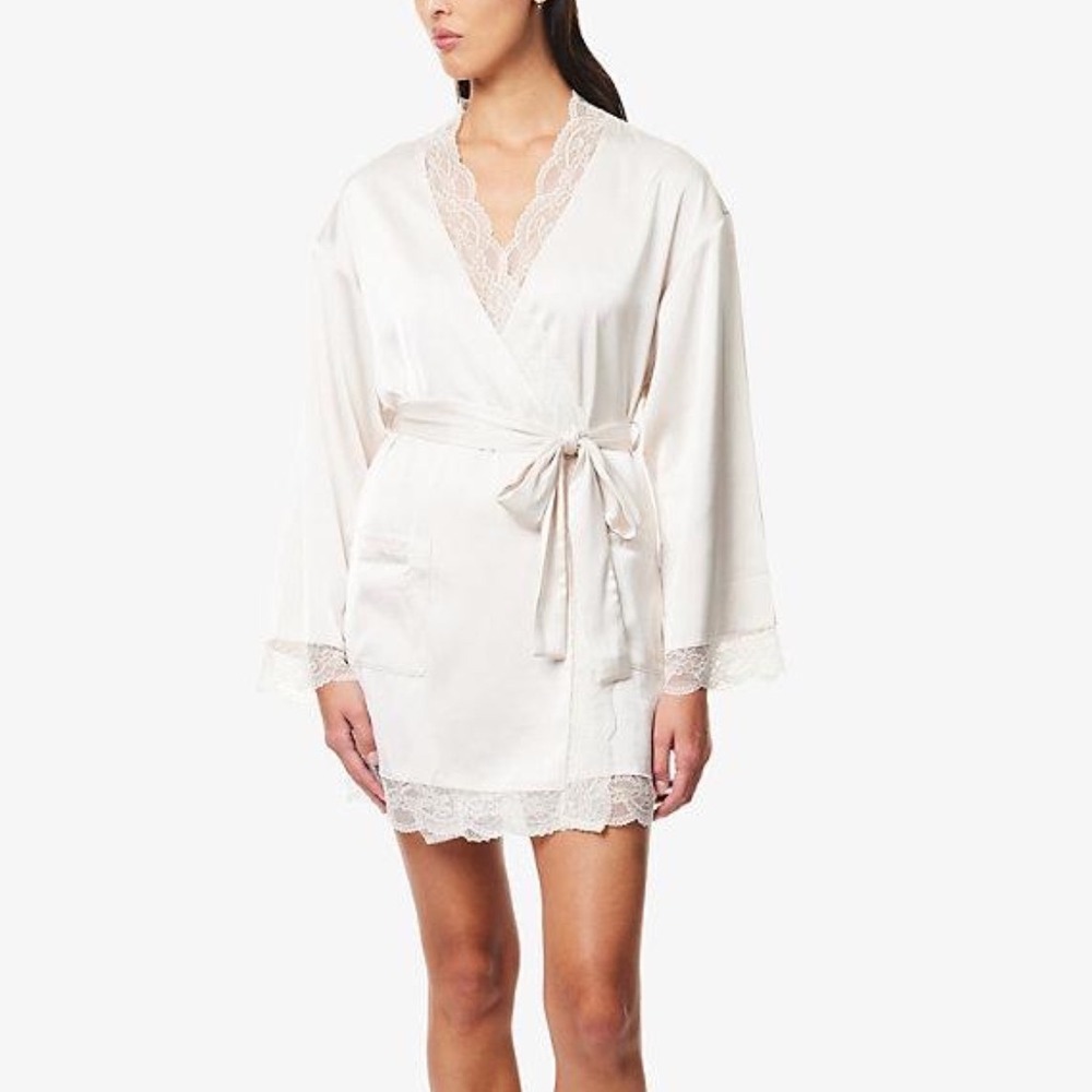 Lounge Underwear Bridal Satin Lace Trim Robe Ivory M/L New With Tags